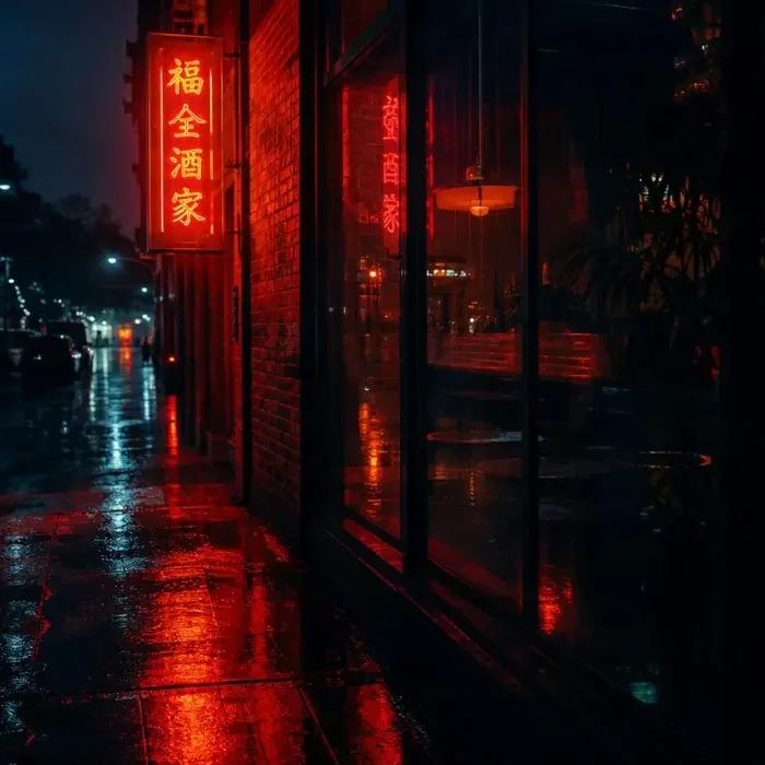 老湿影院 - 窗边霓虹 夜晚霓虹招牌映在玻璃窗与潮湿街道上